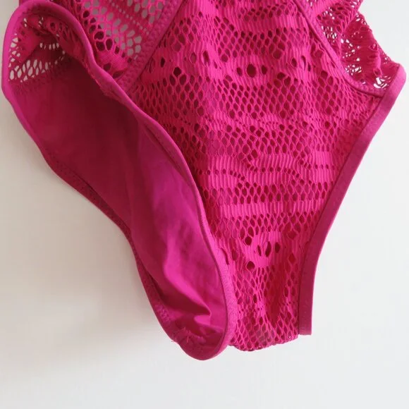 BECCA Purple Color Play Crochet Plunge One-Piece Swimsuit Magenta - Size XS - Picture 9 of 14